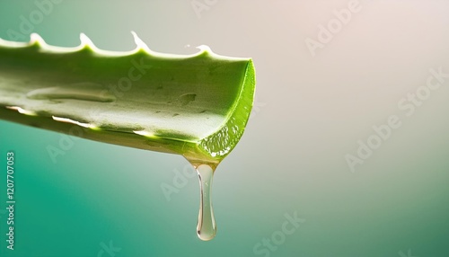 Aloe vera gel drips from a fresh slice of aloe vera on a bright, clean background photo