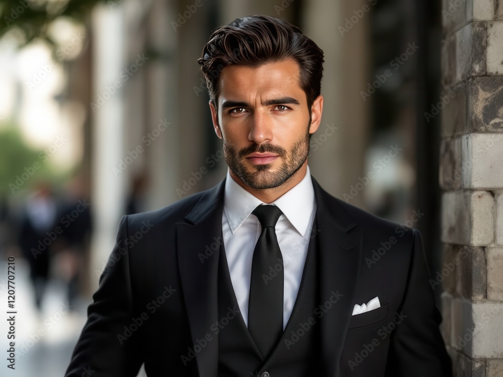 A man with dark hair and a beard, wearing a black three-piece suit, A man with dark hair and a beard, wearing a black three-piece suit,