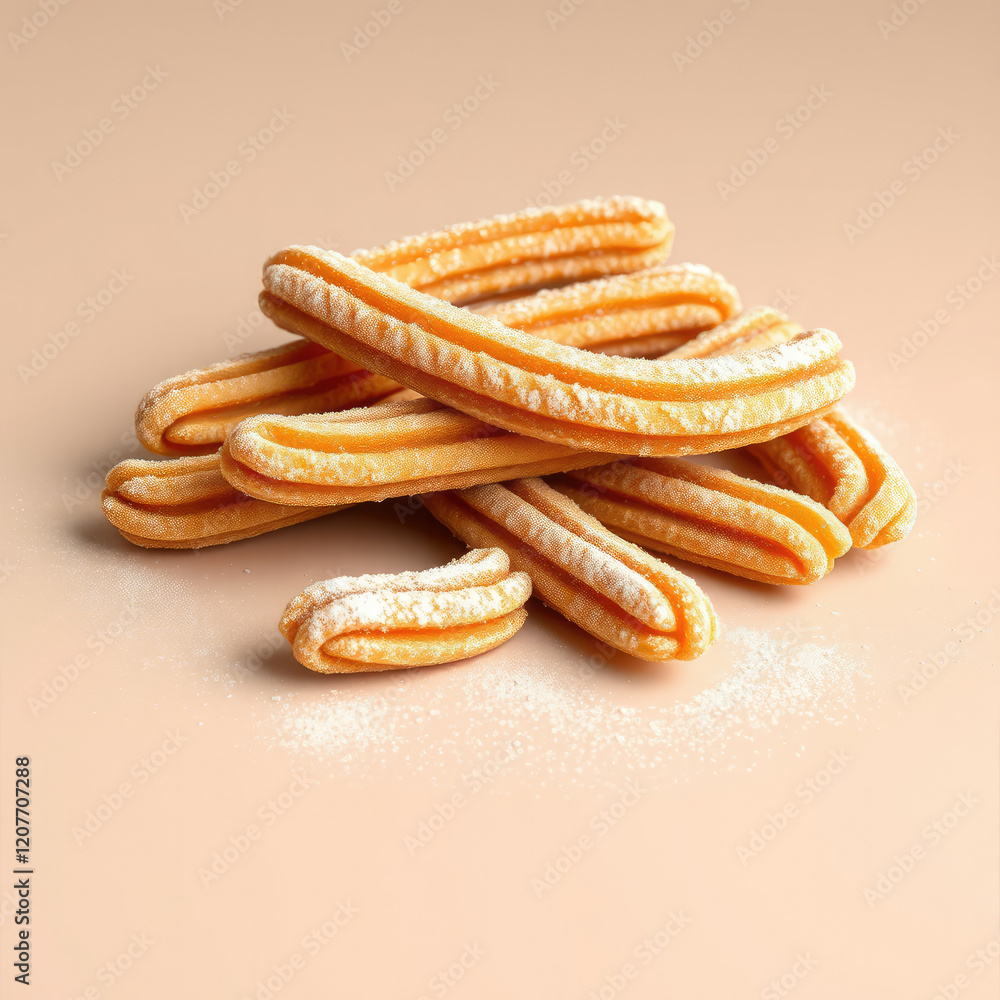Close-up of traditional churros with a dusting of powdered sugar, dessert, sweet, sugary, delicious Close-up of traditional churros with a dusting of powdered sugar, dessert, sweet, sugary, delicious
