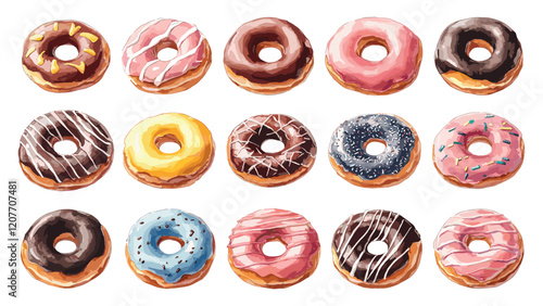 Donuts Sweet Treats Illustrations Colorful Donut Designs Hand-Drawn Pastry Icons Watercolor Style Sweet Desserts Variations Delicious Pastry Illustrations Sweet Bakery Icons