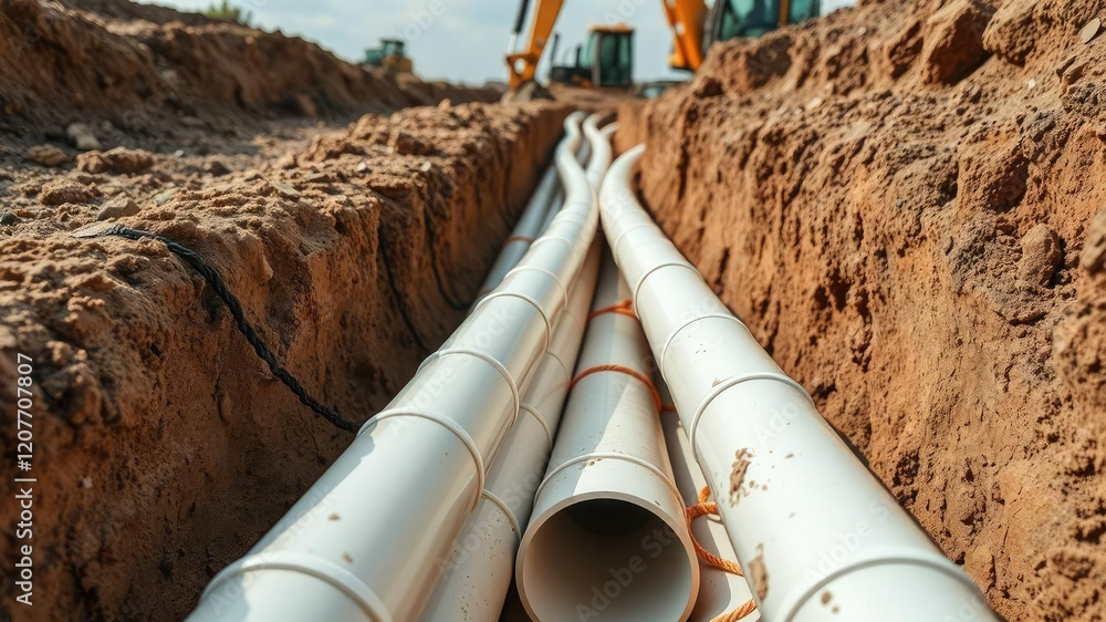 Close-up of white PVC pipes in a deep excavation trench with machinery nearby, pipe fittings, machinery at work, engineering project Close-up of white PVC pipes in a deep excavation trench with machinery nearby, pipe fittings, machinery at work, engineering project