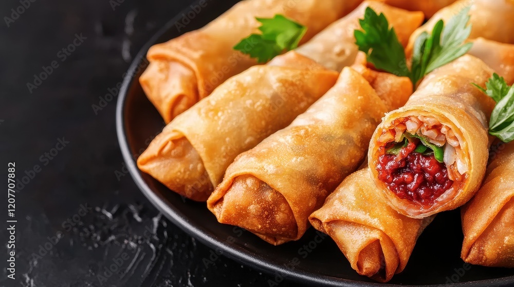 Crispy spring rolls served on a dark plate with garnish. Crispy spring rolls served on a dark plate with garnish.