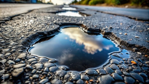 Black and slimy puddle on a cracked stone road, stone, soil, decayed