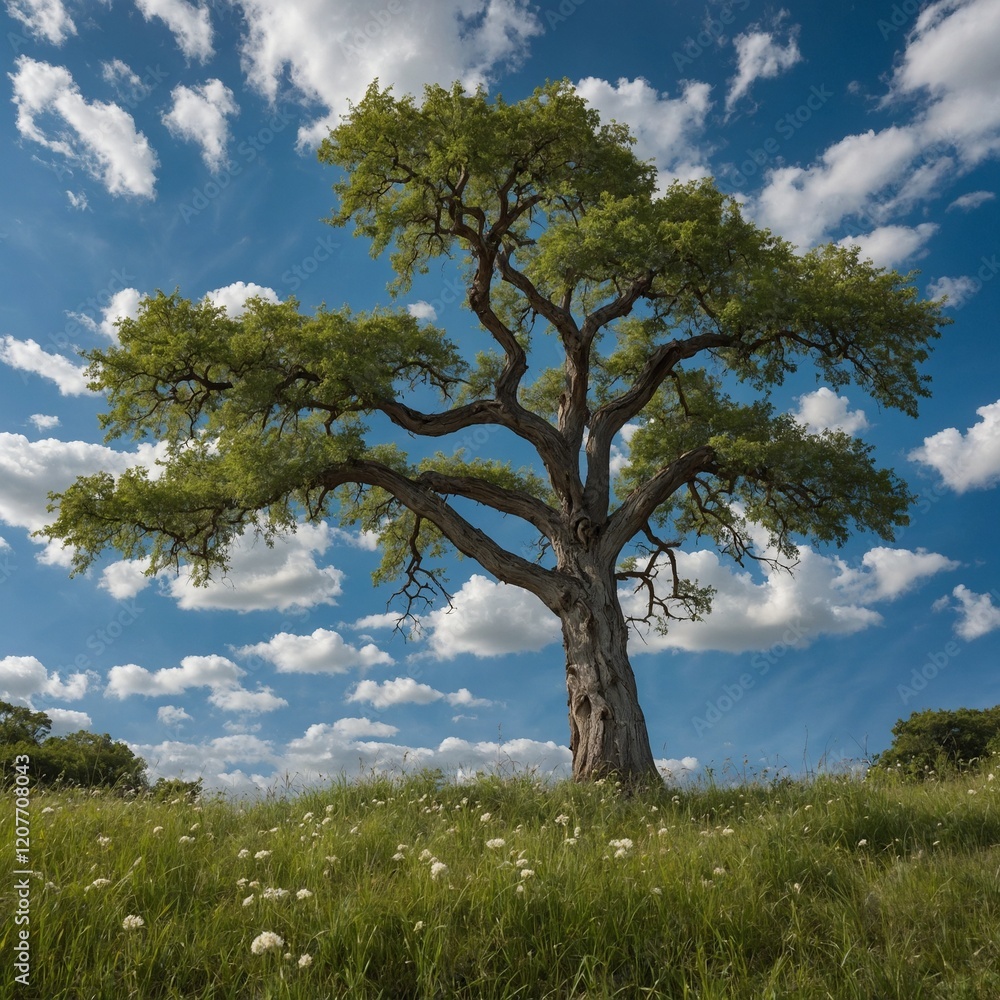 Create a hand-painted wallpaper design featuring a serene landscape with a large, majestic tree at the center, its branches sprawling across the scene. Create a hand-painted wallpaper design featuring a serene landscape with a large, majestic tree at the center, its branches sprawling across the scene.
