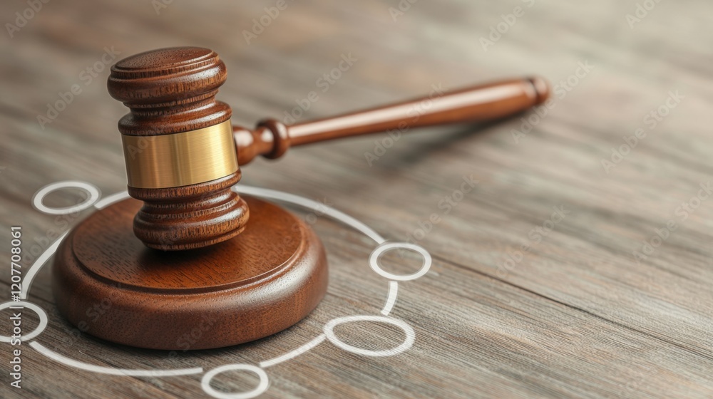 Data protection law and firewall, A wooden gavel rests on a table, symbolizing justice and authority, surrounded by a circular design, representing law and order. Data protection law and firewall, A wooden gavel rests on a table, symbolizing justice and authority, surrounded by a circular design, representing law and order.