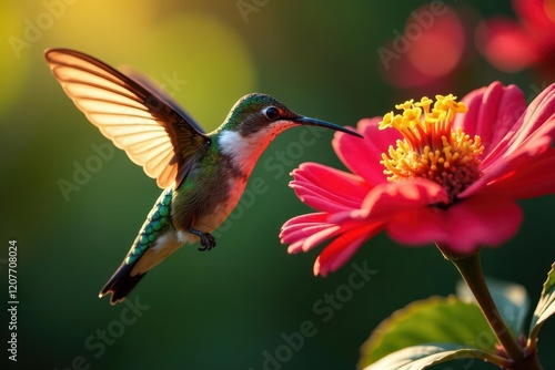 Ruby Topaz hummingbird sipping nectar from Lantana bush, wildlife, warm, sunlight photo