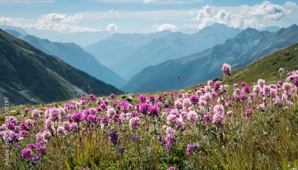 Fototapeta premium Vibrant Wildflowers Bloom Across Mountain Valley