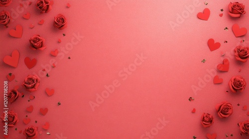 Romantic Red Roses and Heart Shape Decorations on a Vibrant Red Background Ideal for Celebrations, Love Themes, Weddings, and Special Occasions