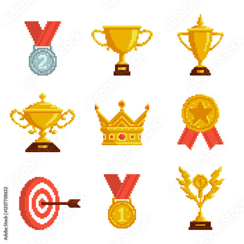 Retro video game pixel golden trophies. Medals, cups, crown and statuette, victory awards, mobile app, first place prize, achieve goal symbol. Championship nowaday vector isolated set