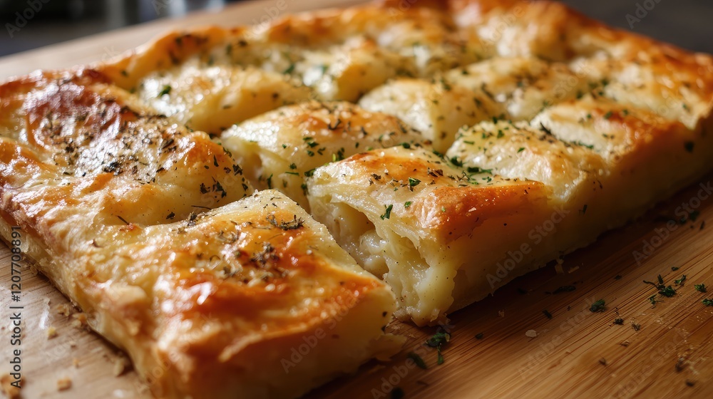 Homemade golden potato cheese pie with crispy crust placed on a rustic wooden cutting board, garnished with herbs and spices. Homemade golden potato cheese pie with crispy crust placed on a rustic wooden cutting board, garnished with herbs and spices.