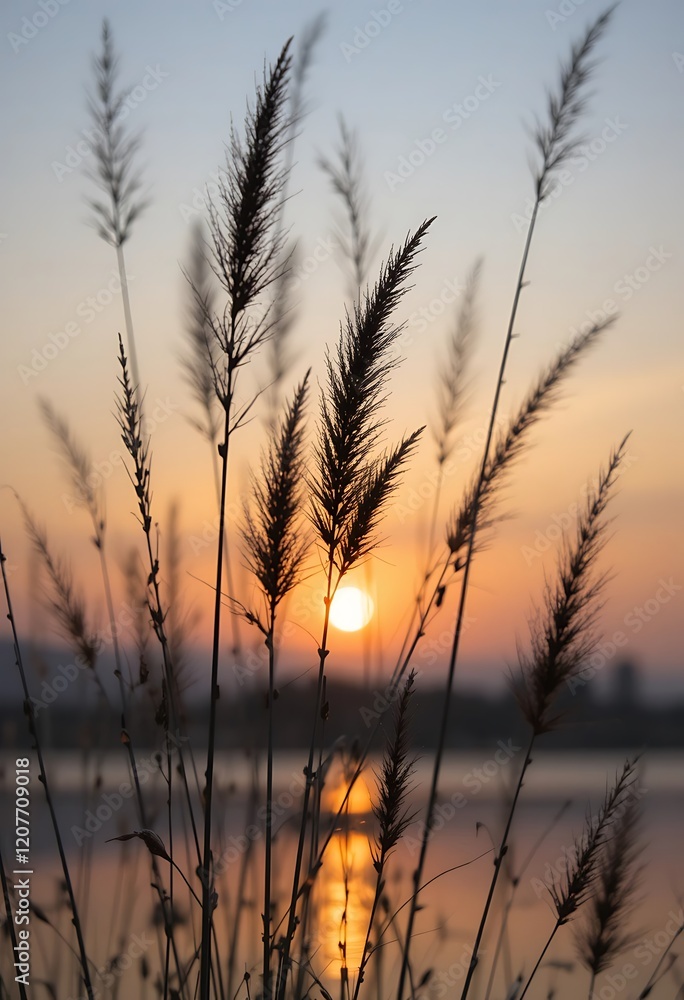Silhouetted Grass Stalks Framing A Sunset Scene Silhouetted Grass Stalks Framing A Sunset Scene