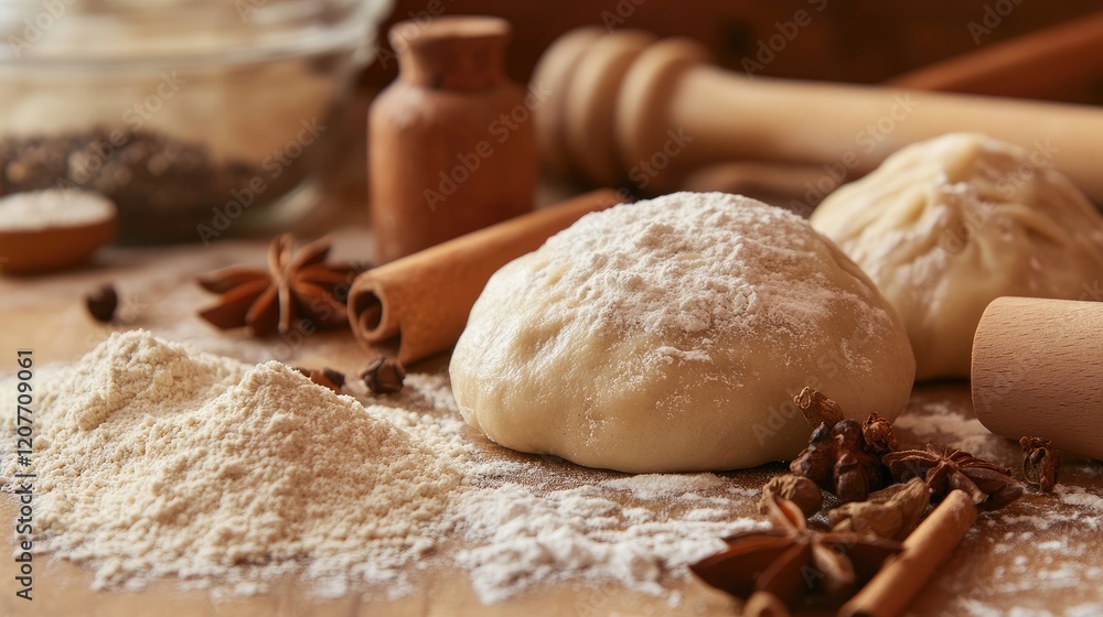 Fototapeta premium Rustic Kitchen Scene Featuring Homemade Fresh Dumplings on Wooden Counter Surrounded by Flour, Spices, and Rolling Pin in Warm Tones
