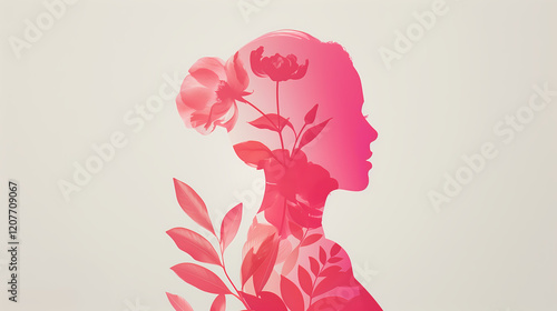 A minimalistic composition of a woman’s pink outline with floral details and gradients created for Women’s Day