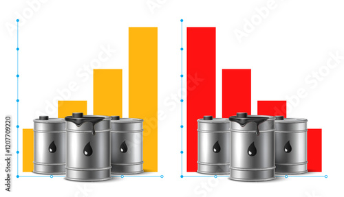 Oil price rise and fall graph. Petroleum value infographic poster. Realistic barrels with gasoline. Financial industry growth and falling. Energy crisis. Isolated vector concept