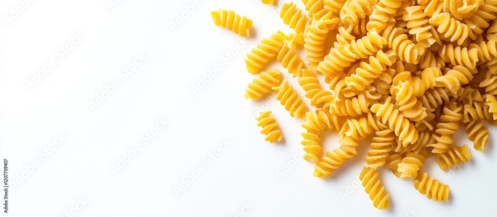 Whole grain cellentani pasta for healthy Italian dishes with turmeric and saffron on white background top view with empty copyspace