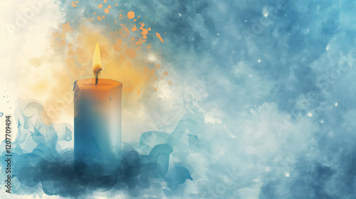 Artistic watercolor painting of a blue candle with glowing flame and smoky background