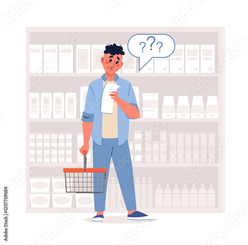 Man cant find groceries on list. Shopping in supermarket, thinking male character hold empty basket, choosing and buying food and drink in shop. Vector cartoon isolated vector concept photo