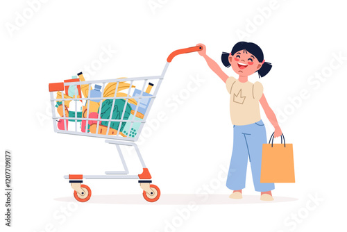 Little girl with grocery cart. Child in supermarket makes purchases, kid buying food. Trolley full of products, milk meat and vegetables. Children cartoon flat isolated vector concept