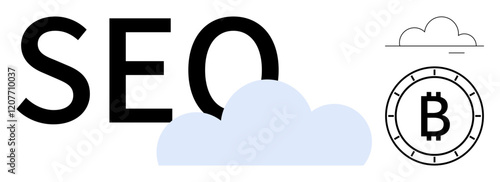 SEO text in bold black with light blue cloud and Bitcoin symbol line art. Ideal for digital marketing, cryptocurrency, cloud computing, finance, online business, data management, internet services