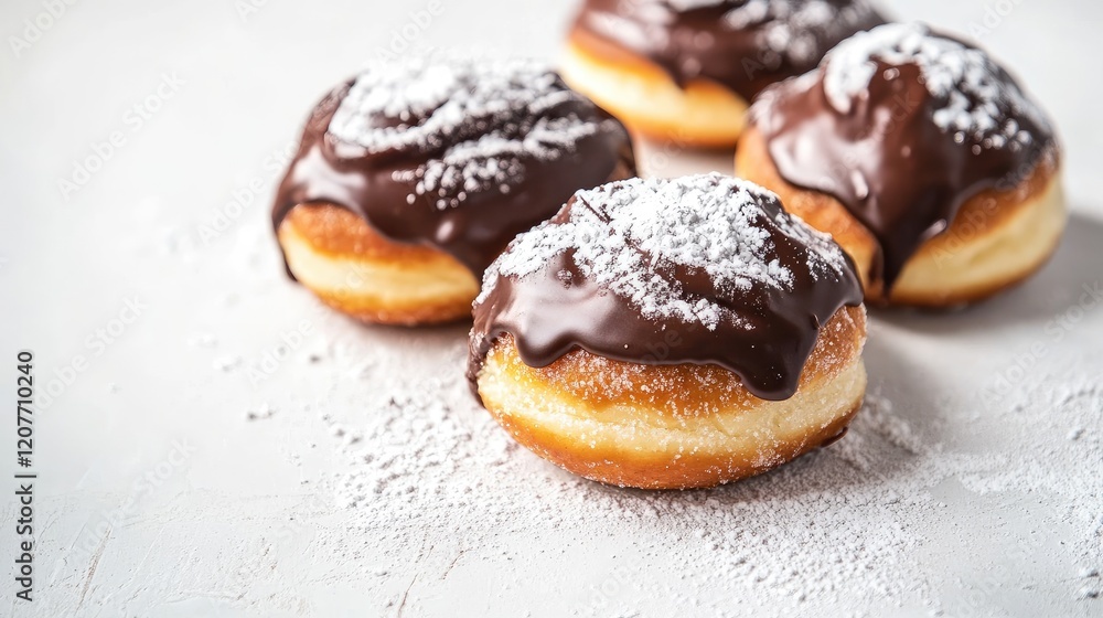 Fried doughnuts with glossy chocolate icing and dusted with powdered sugar arranged on a soft white backdrop perfect for festive food themes. Fried doughnuts with glossy chocolate icing and dusted with powdered sugar arranged on a soft white backdrop perfect for festive food themes.