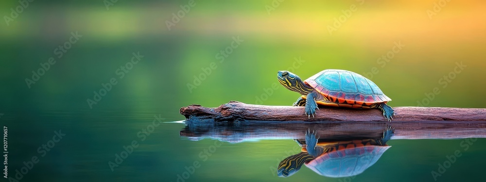 Naklejka premium Turtle basking on a log surrounded by calm waters, vibrant green environment, symbolic of wetland life
