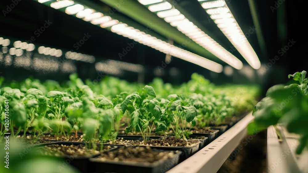 Futuristic Agricultural Techniques in Greenhouse Showcasing Advanced Watering Systems for Seedlings Under Artificial Lighting Futuristic Agricultural Techniques in Greenhouse Showcasing Advanced Watering Systems for Seedlings Under Artificial Lighting