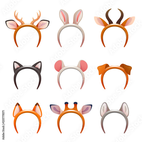 Funny party headbands. Animal horns and ears, photo booth props, cartoon kids birthday head accessories, cute masquerade elements, festive carnival costume, horns and ears vector isolated set