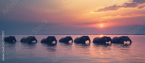 Herd of elephants gracefully swimming in a tranquil lake at sunset with vibrant orange and purple hues creating a scenic backdrop for text placement photo