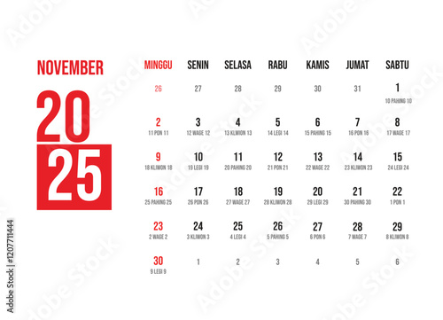 Elegant minimalist design indonesian calendar november 2025