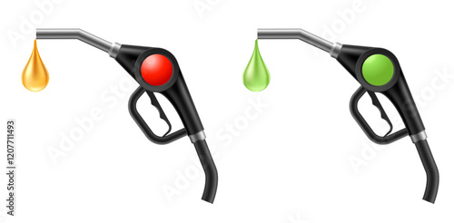 Fueling gun with drop gasoline. Auto benzine and biodiesel, transport refueling on gas station. Nozzle and hose, oil drop. Eco petroleum. Ecological auto diesel cartoon flat vector concept