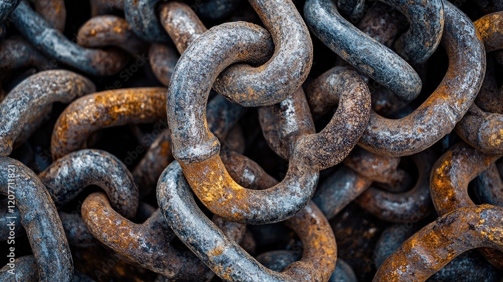Rusty industrial iron chains piled on the ground showcasing texture and decay with dirt enhancing the vintage industrial aesthetic. Rusty industrial iron chains piled on the ground showcasing texture and decay with dirt enhancing the vintage industrial aesthetic.