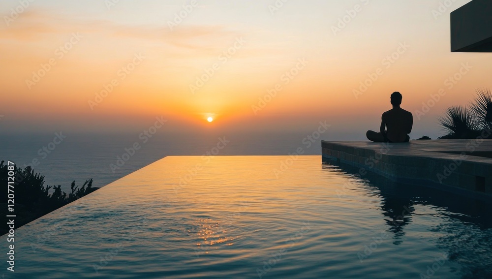 Serene Sunset Meditation: A Man finds peace by the infinity pool overlooking the ocean during a breathtaking sunset. Serene Sunset Meditation: A Man finds peace by the infinity pool overlooking the ocean during a breathtaking sunset.