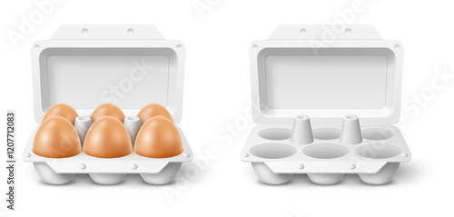 Empty and full egg tray. 3d isolated realistic food element and packaging, open cardboard box, container fresh diet product, traditional breakfast cooking ingredient, vector concept