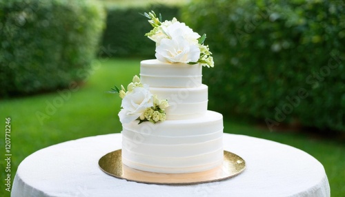 Beautiful wedding cake and flowers in a garden setting photo