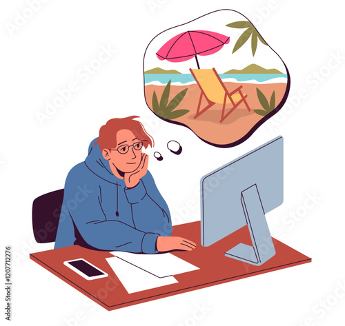 Employee in office dreaming of vacation. Man working in office on laptop, thinking about tropical resort. Tired character with thought bubble. Cartoon flat isolated vector travel concept