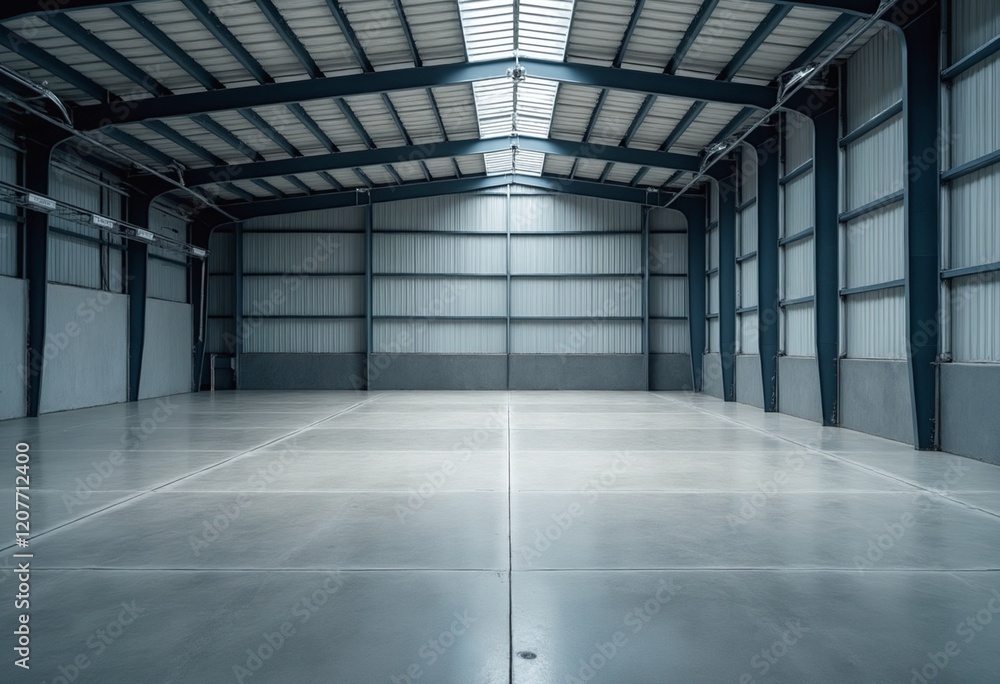 Concrete floor inside industrial building. Use as large factory, warehouse, storehouse, hangar or plant. Modern interior with metal wall and steel structure with empty space for industry Concrete floor inside industrial building. Use as large factory, warehouse, storehouse, hangar or plant. Modern interior with metal wall and steel structure with empty space for industry