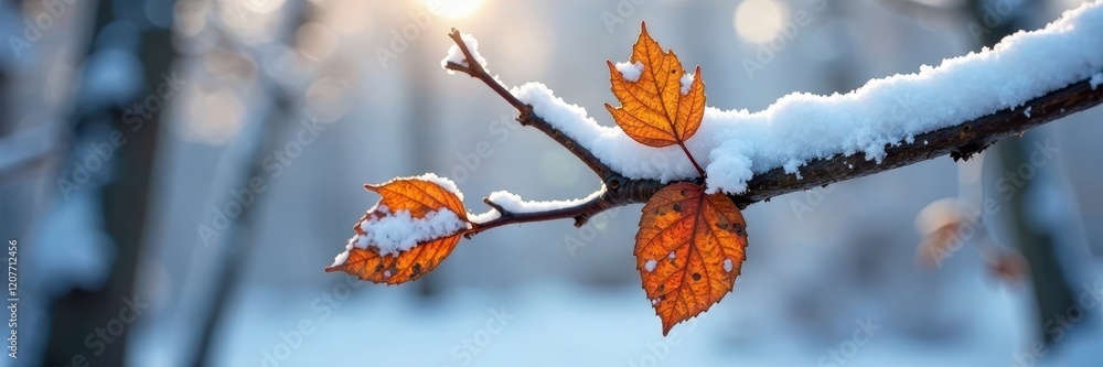 Withered leaves and twigs covered in snow on a frozen tree branch, snowy branch, frozen limbs
