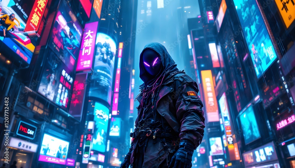 Fototapeta premium Cyberpunk City Rain: Neon-lit Streets and a Mysterious Figure