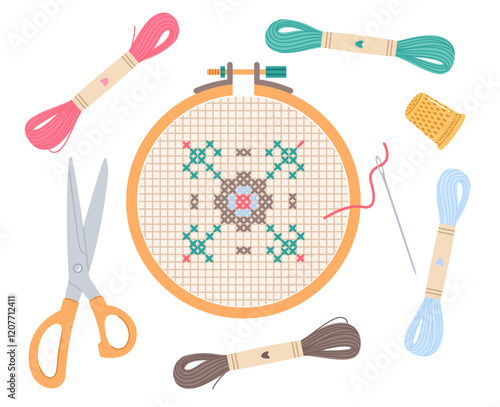 Embroidery set. Ornament on hoop, colored threads, scissors and needle. Crafting creative hobby elements. Making cozy home decor and decorating clothes. Cartoon flat isolated vector concept