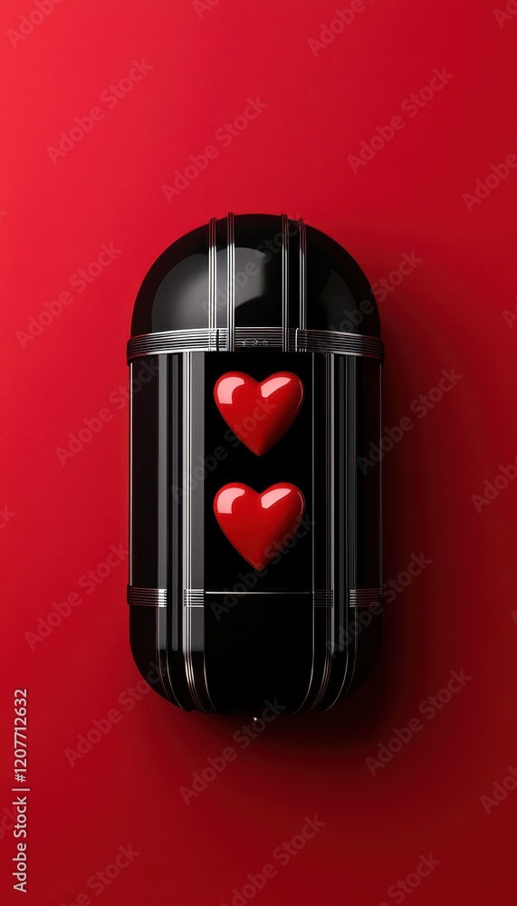 Obraz premium A modern capsule with red hearts, symbolizing love and affection against a vibrant background.