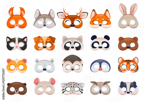 Cute animal zoo masks. Carnival party accessories, kids photo booth props, birthday masquerade, funny dog, cat, deer, squirrel, festive costume element, cartoon flat isolated vector set