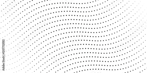 Flowing dots particles wave pattern 3D curve halftone black gradient curve shape isolated on white background.