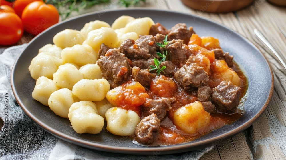 Rustic Plate of Homemade Gnocchi Paired with Tender Stewed Meat and Vibrant Tomato Sauce on a Wooden Table with Fresh Herbs and Cherry Tomatoes Rustic Plate of Homemade Gnocchi Paired with Tender Stewed Meat and Vibrant Tomato Sauce on a Wooden Table with Fresh Herbs and Cherry Tomatoes
