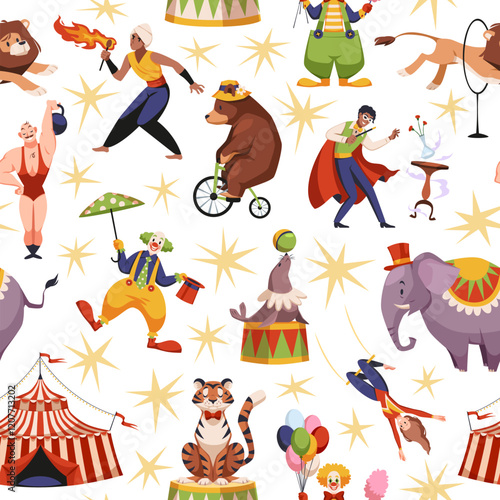 Circus show performers and animals seamless pattern. Chapiteau artists, circus tent, clown, strongman, magician. Textile, wrapping, wallpaper design. Print for fabric, tidy vector background