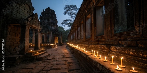 Candles casting flickering silhouettes on stone walls of an abandoned temple, dank, dimly lit, temple, atmospheric, moss photo