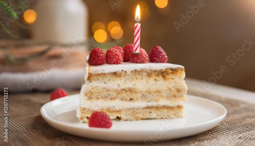 Layered cake slice with candle and raspberries for a celebration at a cozy setting photo