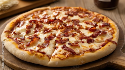 Wallpaper Mural Delicious homemade mini pizza with crispy bacon and melted cheese on a rustic wooden board with natural lighting Torontodigital.ca