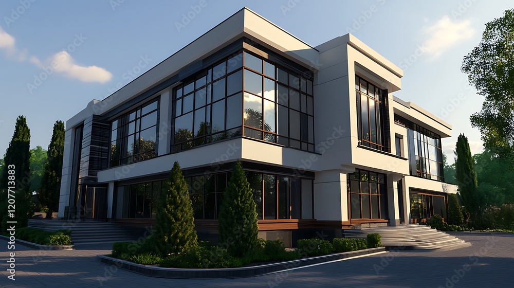 Modern architectural design of a large office building with glass windows, surrounded by landscaping. Modern architectural design of a large office building with glass windows, surrounded by landscaping.