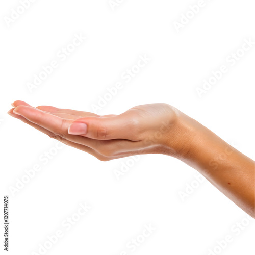 Open Hand Gesture: A graceful female hand with delicate nails is outstretched, palm facing up in an inviting and receptive gesture.  Perfect for showcasing products, symbolizing open communication.
