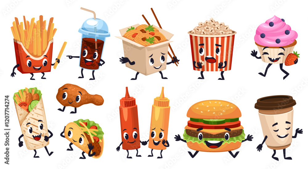 Obraz premium Cartoon fast food characters. Funny junk meal, cute French fries, muffin, hamburger with smiling faces, kebab hands and feet, cafe menu decorative, isolated emoji stickers, tidy vector set